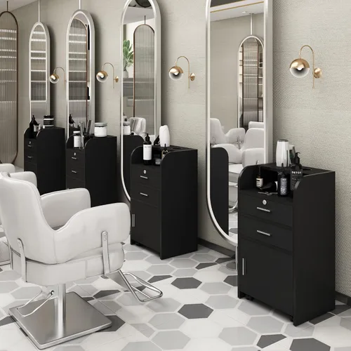 Vista 3 de Estación de gabinete de almacenamiento para salón de belleza/peluquería con cajón de bloqueo y 4 ruedas, estación de estilista con 2 soportes