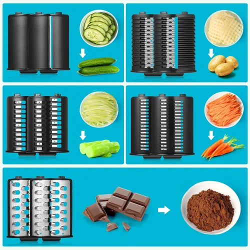 Vista 3 de Rallador eléctrico de queso, rebanador de verduras 5 en 1 y máquina de ensalada con cuchillas de acero inoxidable, rallador eléctrico de queso de un