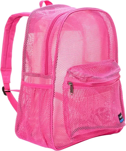 Vista 3 de K-Cliffs Mochila de malla resistente de calidad clásica para estudiantes, duradera, transparente, simple, mochila escolar de lujo, color rosa intenso
