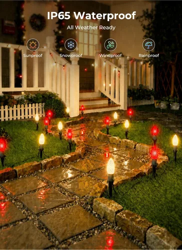 Vista 3 de Luces de cadena LED C9 de Navidad para exteriores, 26 pies, 20 luces LED de sendero de Navidad con 20 estacas de plástico, conectables e Rojo