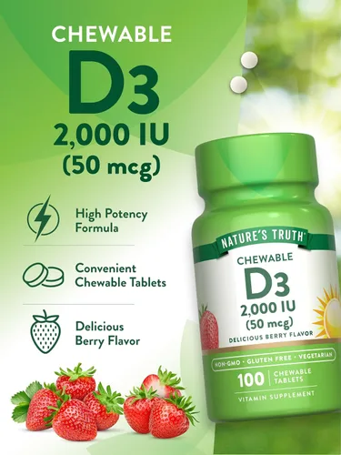 Vista 5 de Nature's Truth Vitamina D3 masticable de 2,000 UI 100 tabletas Sabor a bayas Suplemento vegetariano, sin OMG y sin gluten