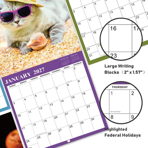 Vista 4 de Calendario 2026-2027 – Calendario de pared 2026-2027, julio de 2026 a diciembre de 2027, 12 x 24 pulgadas (abierto), calendario de gato de 18 meses