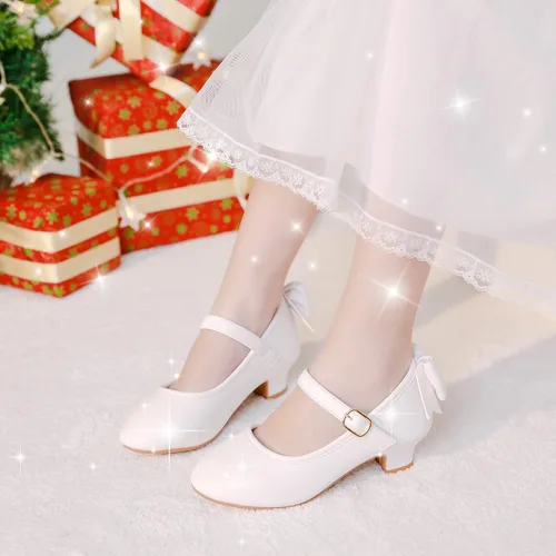 Vista 2 de Dufannie Zapatos de vestir para niñas, zapatos de tacón bajo de princesa, zapatos planos con purpurina para bodas y fiestas