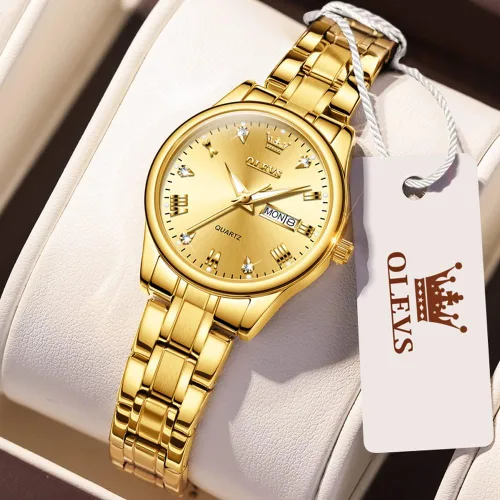 Vista 2 de OLEVS Reloj de pulsera para mujer clásico elegante con diamantes dorados de acero inoxidable impermeable para día