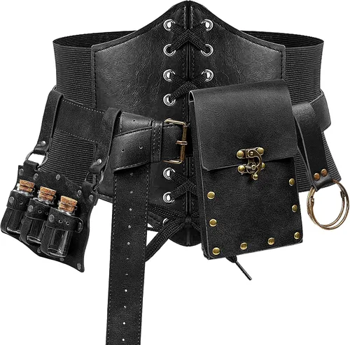 Vista 10 de SUMGOGO 5 piezas Cinturón de corsé Renacentista, cinturón medieval, bolsa de cinturón renacentista, botella de corcho de poción, accesorio de Negro
