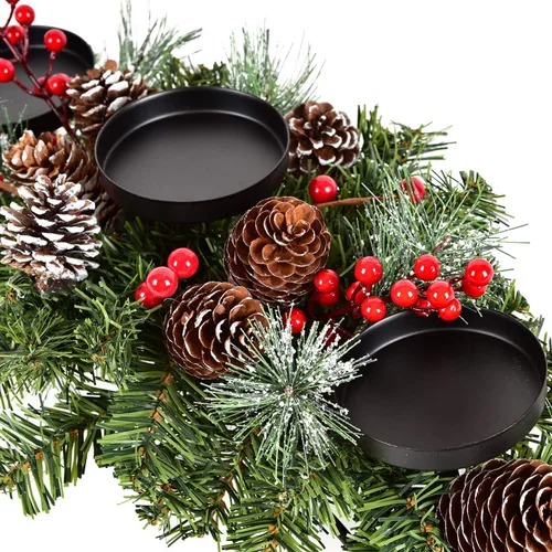 Vista 2 de Lvydec Portavelas de Navidad Centro de Mesa en Liquidación - Centro de Mesa de Piñas y Bayas Rojas con 3 Portavelas para Decoración del Hogar