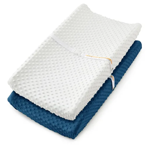 Vista 8 de Homiest Paquete de 2 fundas para cambiador, sábanas blancas y beige, tela de vellón ultra suave, tela de lunares minky, funda transpirable y cómoda