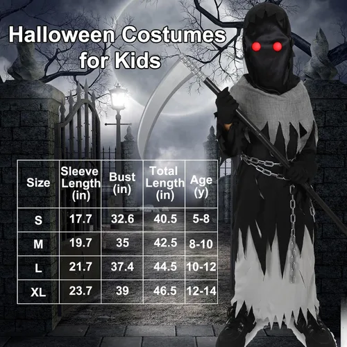 Vista 2 de Disfraces de Halloween para niños, conjunto de parca, juguetes de regalo para niños de 5 a 14 años, disfraz de fantasma aterrador para cosplay