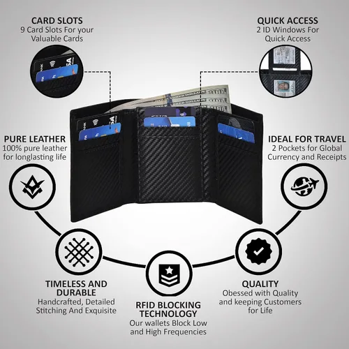 Vista 50 de Cartera de cuero RFID hecha a mano para hombres, elegante cartera de bolsillo frontal triple con 2 ranuras para identificación y 9 tarjetas, Azul