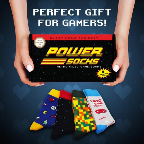 Vista 6 de PopCrew Power Socks Calcetines retro de videojuegos Divertidos calcetines de vestir novedosos para juegos, regalo para hombres y mujeres, unisex