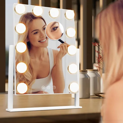 Vista 6 de Dirket Espejo de tocador con luces, espejo de maquillaje iluminado Hollywood con 3 modos de iluminación de color y 12 bombillas regulables, aumento