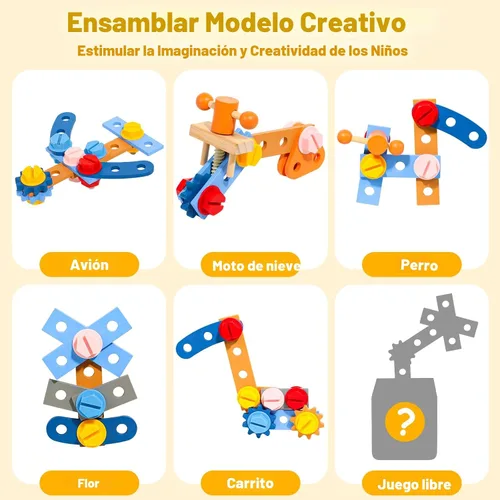 Vista 3 de TONZE Juego de herramientas para niños con delantal, caja de banco de herramientas de madera para niños pequeños, juguetes Montessori para niños