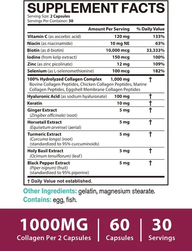 Vista 5 de Péptidos de colágeno múltiple para mujeres y hombres, hidrolizados, tipos I, II, III, V, X, biotina, queratina, ácido hialurónico, VC, zinc, selenio