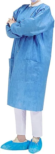 Vista 3 de Greenour Disposable Lab Coat Blue SMS with Pockets for Adult Knitted Collar and Cuffs Breathable Fluid Resistant