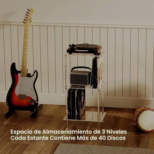Vista 6 de HMYHUM Soporte acrílico para tocadiscos, soporte giratorio con almacenamiento de discos de vinilo, mesa auxiliar alta para sala de estar