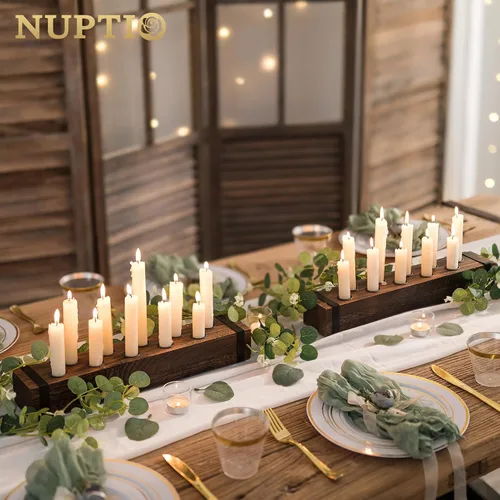 Vista 2 de NUPTIO Candelabro de madera para centro de mesa: candelabro cónico de 16.5 pulgadas de largo - Portavelas de granja para Navidad, hogar, comedor