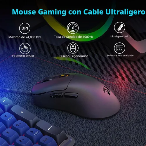 Vista 2 de Redragon Ratón para juegos con cable, ligero, 6 botones programables, negro