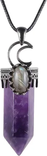Vista 7 de Nupuyai Colgante vintage de punta de cristal curativo para mujeres y hombres, collar de piedra hexagonal con labradorita ovalada, joyería de reiki