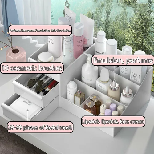 Vista 6 de Organizador de escritorio de maquillaje con cajones, organizador de cuidado de la piel para cosméticos, soporte de tocador para lápiz labial