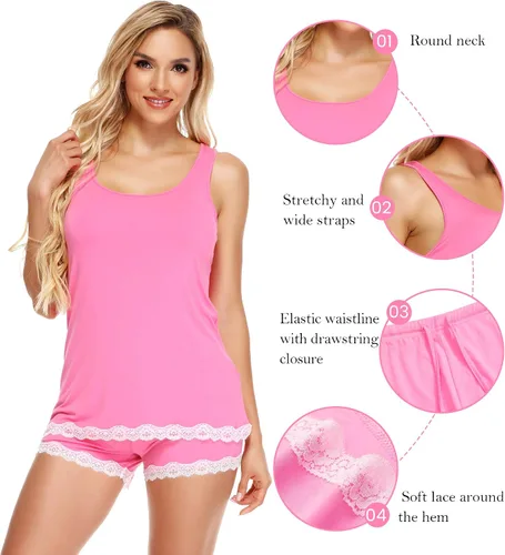 Vista 4 de WiWi Bamboo Viscose Pajamas for Women Soft Sleeveless Tank Top with Shorts Pajama Sets Scoop Neck Lace Hem Sleepwear S-4X