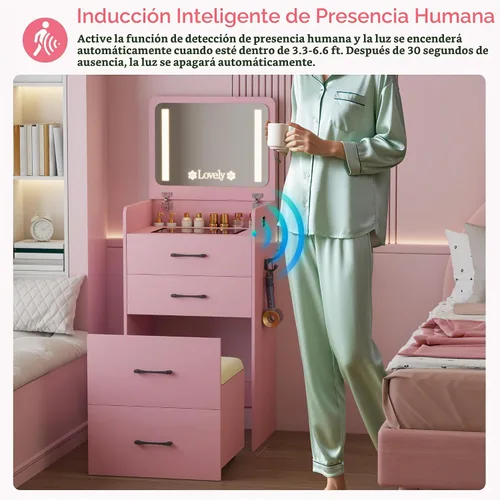 Vista 6 de HNEBC - Escritorio de tocador 3 en 1 con espejo LED con tapa abatible para dormitorio, color rosa