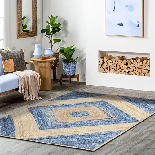 Vista 4 de Collection - Alfombra rectangular de 2 x 3 pies, alfombra trenzada azul de algodón y yute, alfombra geométrica kilim para interiores y exteriores
