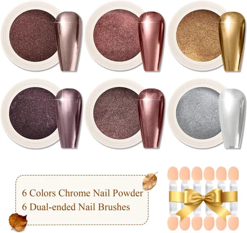 Vista 2 de Juego de polvo para uñas cromado marrón de 6 colores, polvo de pigmento cromado chocolate, cobre, bronce para uñas, efecto espejo metálico