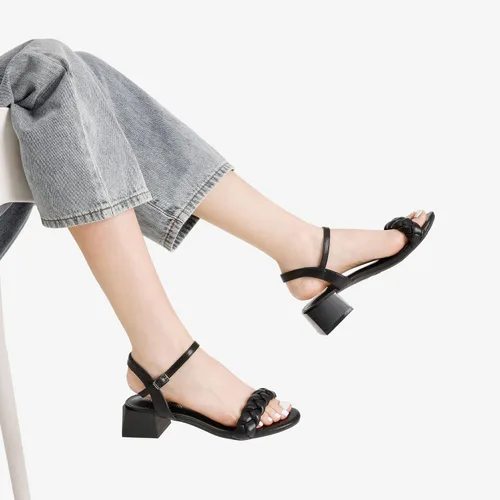 Vista 24 de DREAM PAIRS Zapatos de tacón bajo para mujer con correa de tobillo y puntera abierta trenzada, tacón grueso, sandalias de tacón grueso para fiestas
