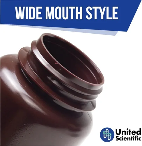 Vista 3 de United Scientific® - Recipientes de muestra con tapas - Botella de reactivo de boca ancha de HDPE ámbar - Contenedor químico - Botellas de plástico
