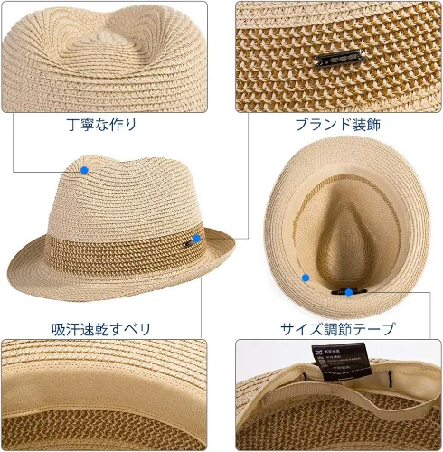 Vista 4 de Fancet Sombrero de Paja Pajarita Fedora Panamá Sol Verano Playa Sombrero Cubano Trilby Hombres Mujeres 21.7-24.0in