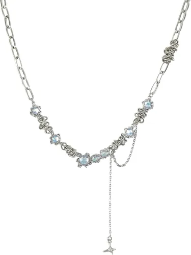 Vista 8 de Y2k - Collar irregular con dije de estrella, piedra de luna, diseño de cadena de moda, joyería de plata picante para mujer