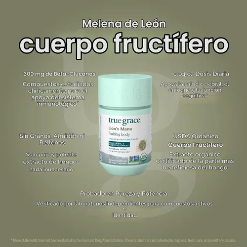 Vista 3 de True Grace Mushroom Lion's Mane Brain, Nervio & Cognitive Support - 60 cápsulas - Orgánico
