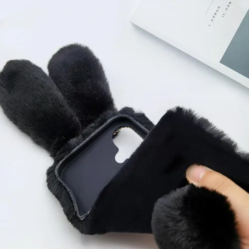 Vista 4 de Funda de cuero para iPhone 7, diseño de conejo esponjoso, suave, color negro, para iPhone 7/iPhone 8, Negro