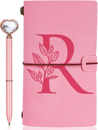 Vista 8 de Diario personalizado para regalo, diario de cuero con inicial rosa + juego de bolígrafo de corazón de diamante, cuaderno de viaje, bloc de notas