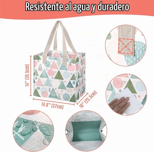 Vista 3 de VENO Paquete de 4 bolsas de comestibles reutilizables de Navidad, bolsas de compras resistentes con asas, para carrito de compras con parte inferior