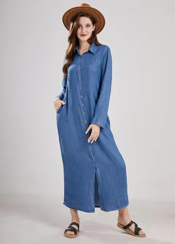 Vista 6 de utcoco Vestido largo casual de mezclilla con botones para mujer, con solapa, manga larga, con bolsillos