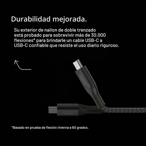 Vista 2 de Belkin BoostCharge - Cable USB C a USB C, cable de alimentación de carga rápida con cable de nailon trenzado, cabezal de aluminio anodizado, entrega