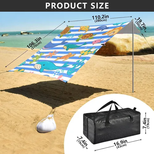 Vista 3 de Blue White Striped sea Animal Beach Cabana Tent UPF50+ Protection Water-Resistant Large Sun Shelter with Sandbags and Shovel for Camping, Picnics