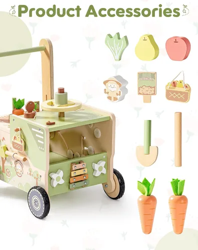 Vista 4 de ROBOTIME Juguete de madera para niños pequeños, andador de empuje para bebés con ruedas, centro de actividades con temática de granja para niñas