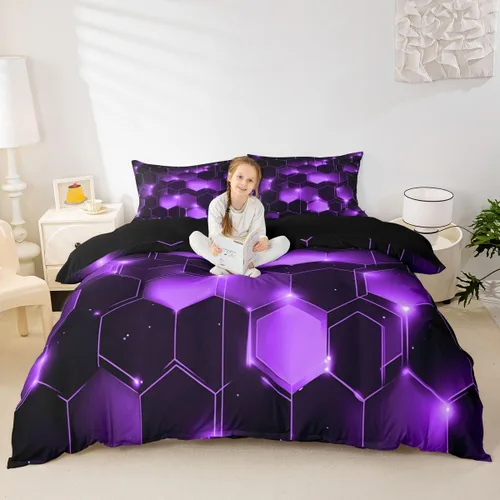 Vista 20 de Juego de ropa de cama geométrica de panal verde y azul, funda de edredón hexagonal estereoscópica para niños y niñas, funda de edredón hexagonal