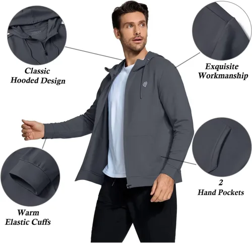 Vista 4 de VEBOON Sudadera básica con capucha y cremallera para hombre, para otoño, lisa, suave, de manga larga, para correr, con bolsillo