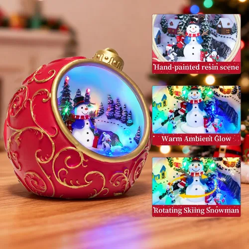 Vista 6 de Figuras musicales animadas de pueblo navideño de 6.3 pulgadas con muñeco de nieve giratorio de esquí y luces, temporizador automático de 6 horas