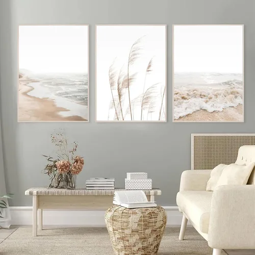 Vista 5 de Arte de pared de playa, impresiones bohemias, lienzo costero, decoración de pared, imágenes de playa, hierba de pampas, océano, póster de plantas