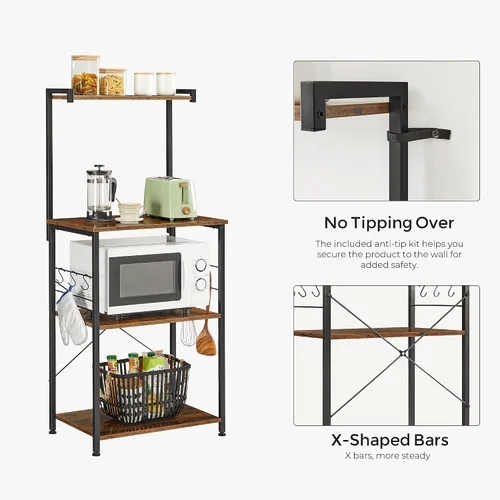 Vista 4 de VASAGLE Almacenamiento de cocina, estante para panaderos, barra de café, estante de 3 niveles, 6 ganchos en S, para microondas, tarros de especias