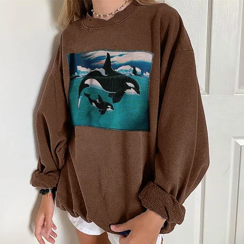 Vista 3 de Sudaderas de gran tamaño para mujer, diseño de delfín, cuello redondo, manga larga, cómoda, para otoño