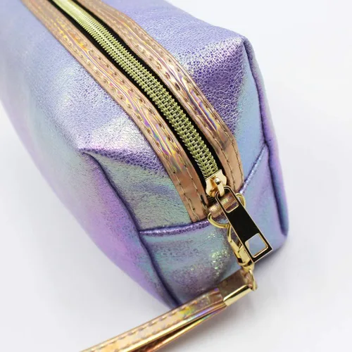 Vista 7 de Bolsa de cosméticos holográfica, organizador de artículos de tocador de viaje, bolsa de almacenamiento de sirena, estuche de, Azul