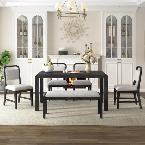Vista 29 de Juego de mesa de comedor rústica de 6 piezas con mesa rectangular de caballete y 4 sillas tapizadas y banco, juego de mesa de comedor de cocina