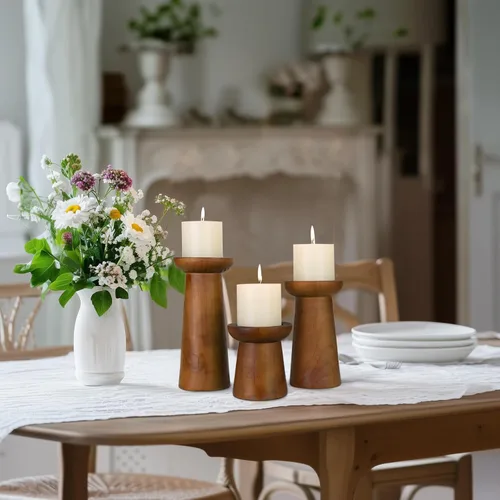 Vista 6 de Juego de 3 portavelas de pilar, portavelas de madera, portavelas decorativos de madera para sala de estar, centro de mesa para bodas, Navidad