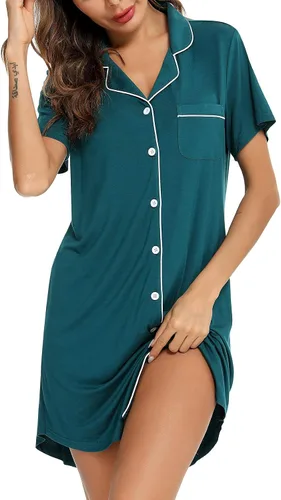 Vista 2 de Samring Camisón de pijama para mujer, manga corta/larga, con botones, camisón para dormir, camisón para novio, talla XXL