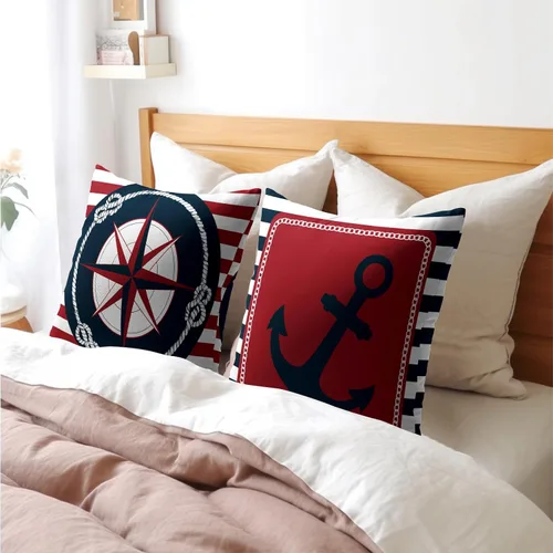Vista 8 de Fundas de almohada de brújula de ancla, fundas de almohada náuticas para exteriores, fundas de cojín decorativas de rayas azules y blancas, fundas